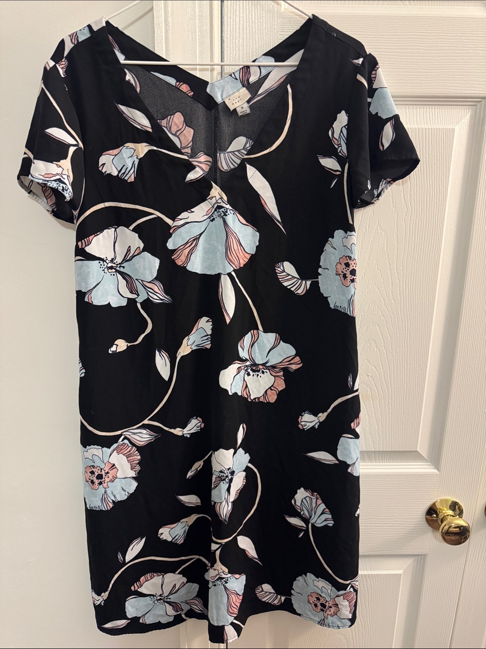 a new day Black Floral V-Neck Short Sleeve Shift Dress with Blue and Pink Blooms